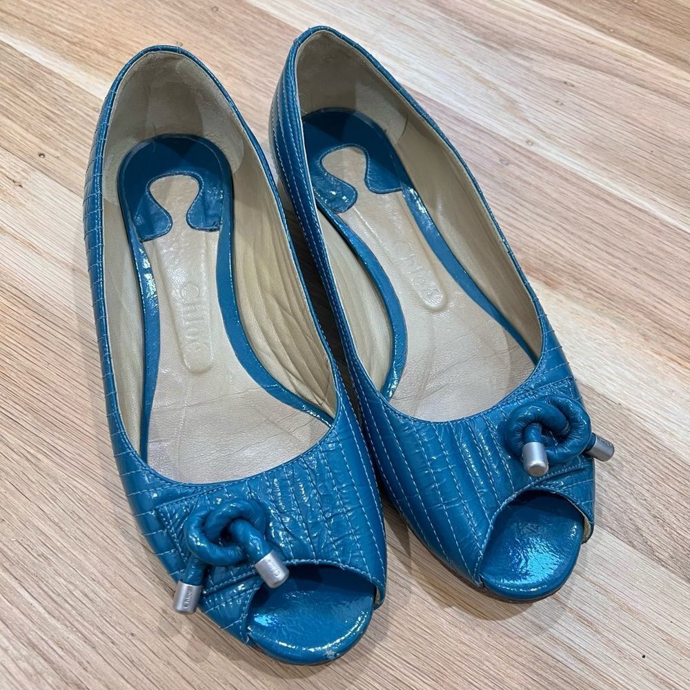 Chloe Patent Leather Open Toe Flats Teal Size 36.5